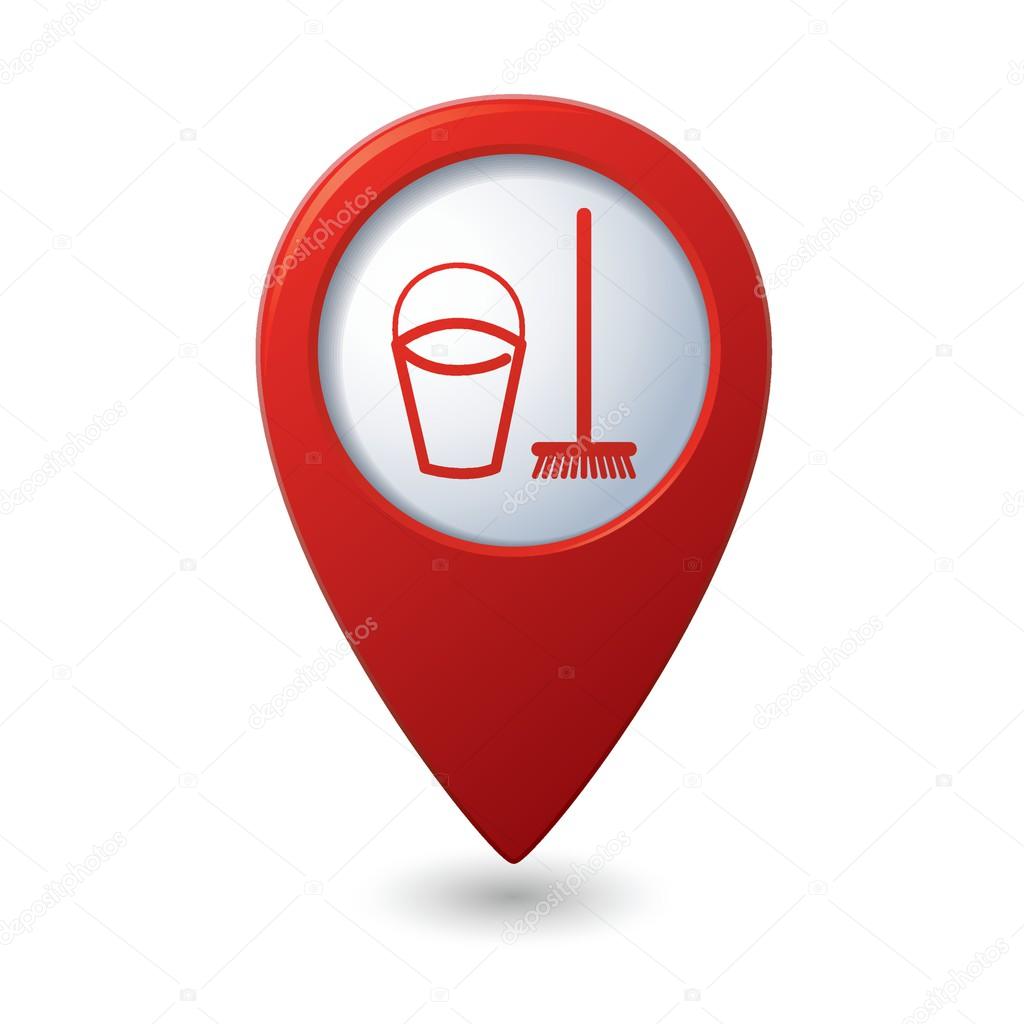 Map pointer with bucket and mop for cleaning icon