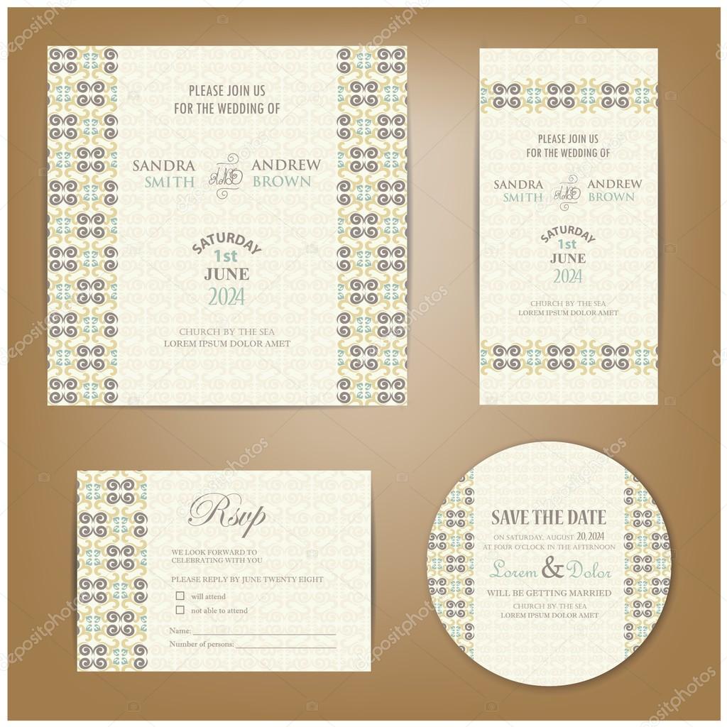 Set of wedding invitation, thank you, RSVP card, save the date
