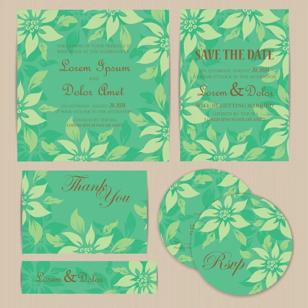 Set of wedding invitation, thank you, RSVP card, save the date — Stock Vector