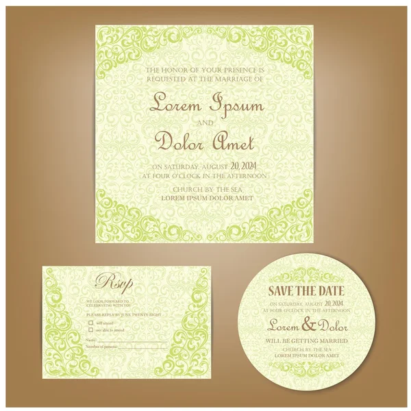 Set of wedding invitation, thank you, RSVP card, save the date — Stock Vector
