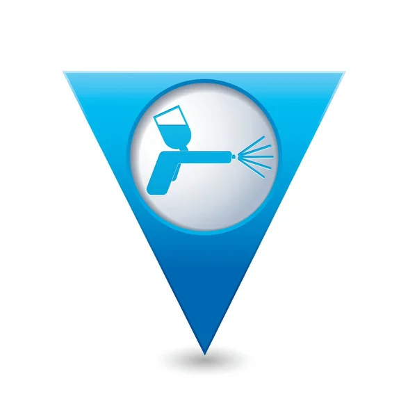 Puntero de mapa triangular azul con icono de pistola pulverizadora — Vector de stock