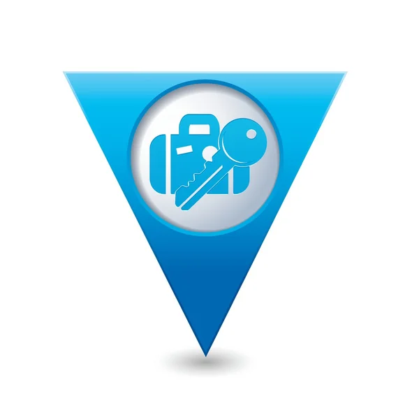 Puntero de mapa triangular azul con maleta e icono de llave — Vector de stock