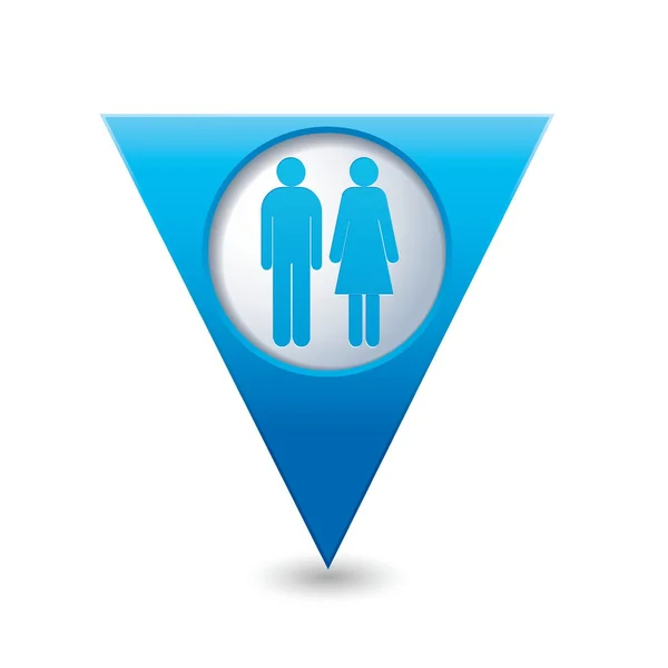 Puntero de mapa triangular azul con icono de hombre y mujer — Vector de stock