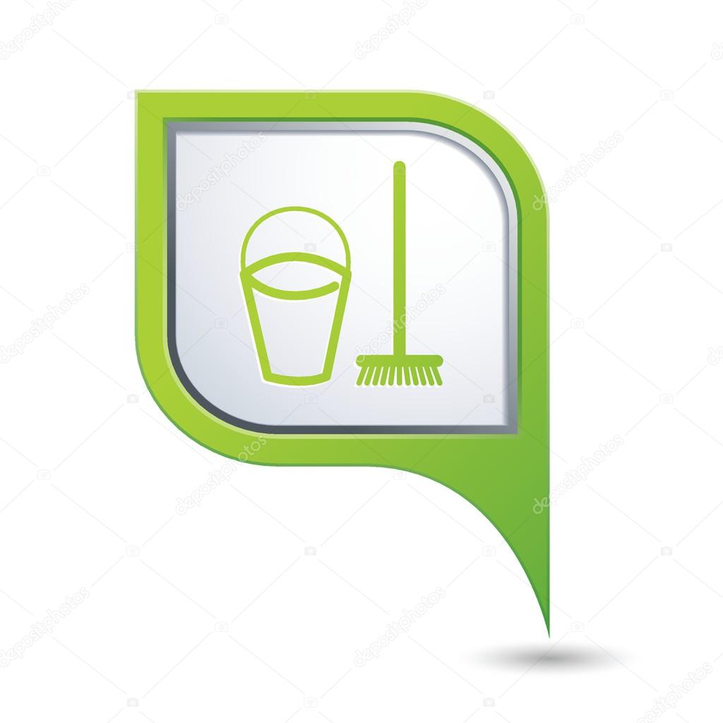 Green map pointer with bucket and mop for cleaning icon