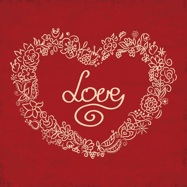 Love card with hand drawn floral heart. Valentine's Day greeting, the background. — Stock Vector