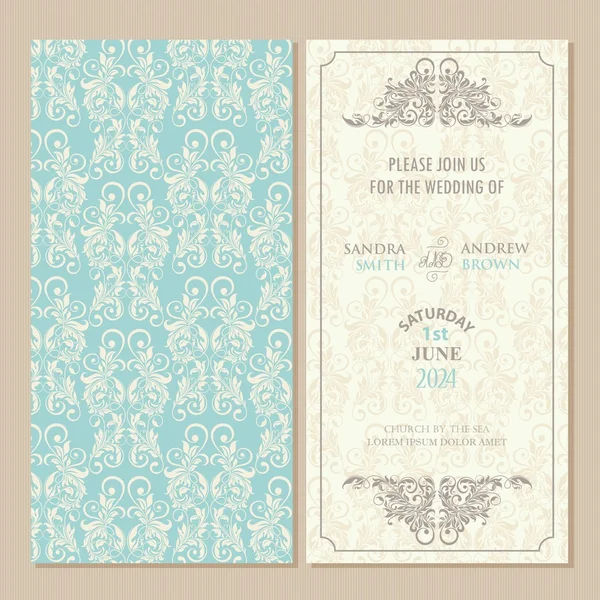 Bröllopsinbjudan eller tillkännagivande kort med blommig prydnad. Vektor illustration — Stock vektor