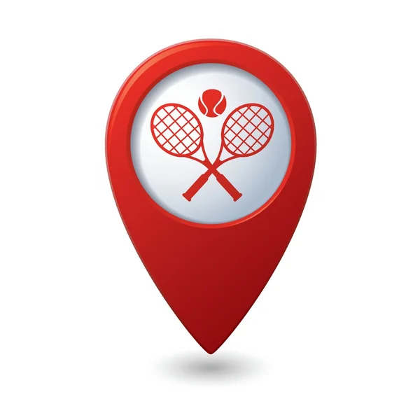 Red map pointer with tennis racket and ball icon. — Stock Vector