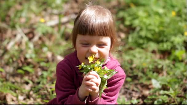 Liten flicka beundrar och luktade vårblommor — Stockvideo