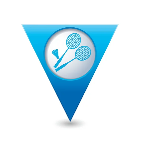 Puntero de mapa triangular azul con icono de bádminton . — Vector de stock