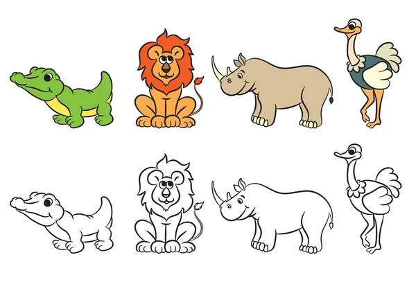 Cute zoo animals collection. Coloring book — Stock Vector