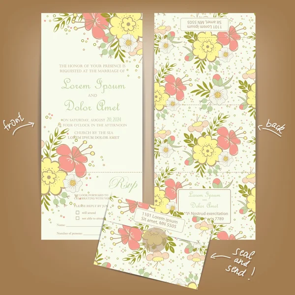 All in One Wedding Invitation with Vintage Flowers — Stock Vector