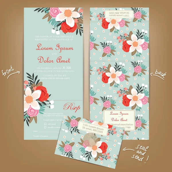 All in One Wedding Invitation with Vintage Flowers — Stock Vector