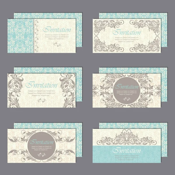 Set van zes vintage floral uitnodigingskaarten. — Stockvector