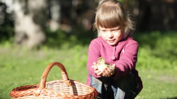 Маленькая девочка на ферме играет с утенком — стоковое видео