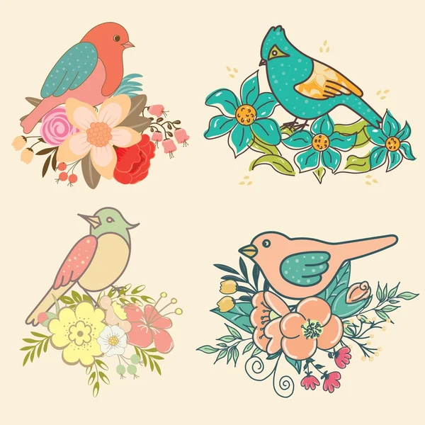 Ensemble d'oiseaux avec des fleurs pour votre design . — Image vectorielle