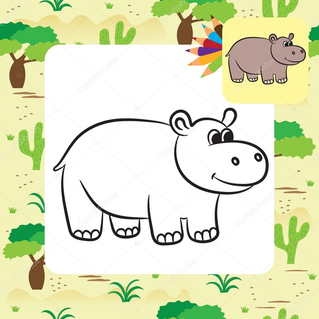 Cartoon hippo. Coloring page. Vector illustration