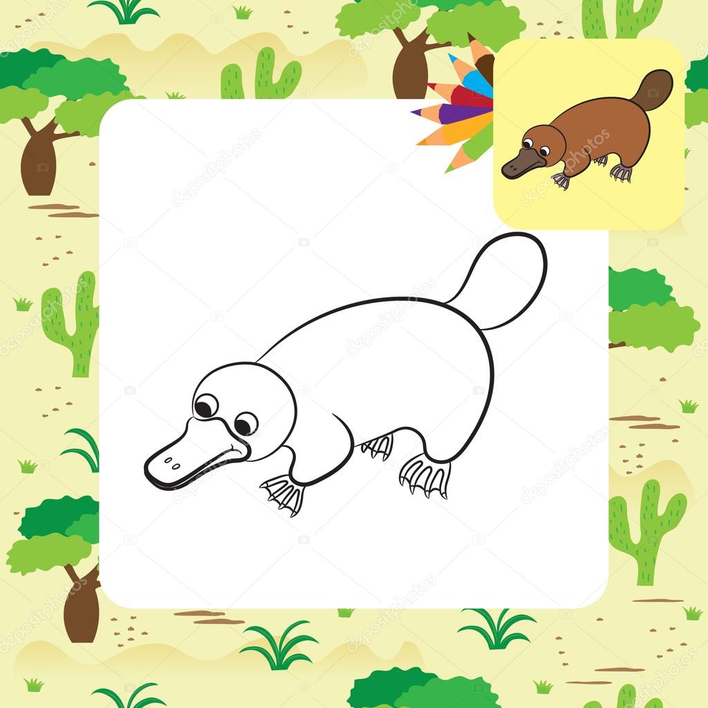 Cartoon illustration of platypus or duckbill animal. Coloring page.