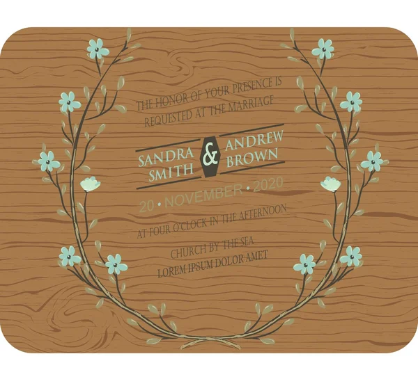 Carte d'invitation de mariage en bois avec des éléments floraux — Image vectorielle