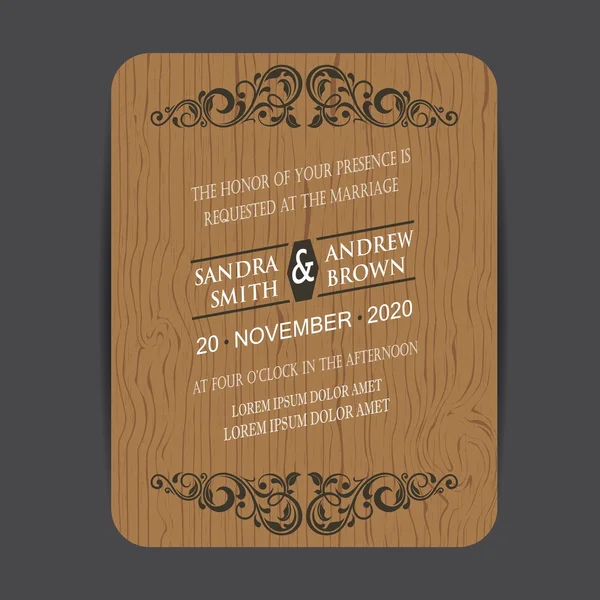 Carte d'invitation de mariage en bois avec des éléments floraux — Image vectorielle