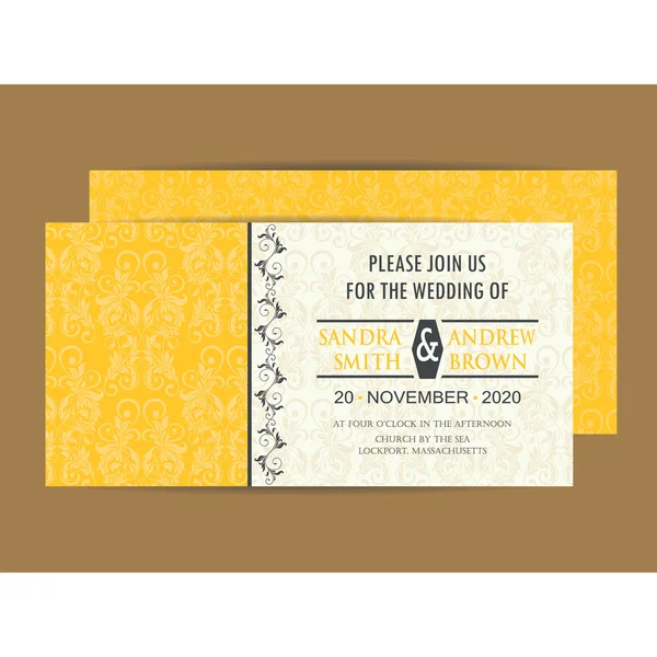 Mooie gele ronde, dubbelzijdige vintage bruiloft uitnodigingskaart — Stockvector