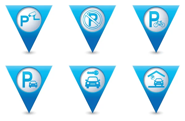 Parking znak na niebieski trójkątne mapę wskaźniki. Ilustracja wektorowa — Wektor stockowy