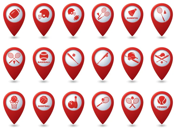 Tennis, Baseball, American football icons on red map pointers — Stock Vector