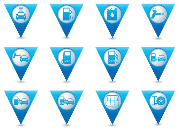 Trójkątny niebieski mapę wskaźniki z samochodu serwis i stacja benzynowa ikony. Ilustracja wektorowa — Wektor stockowy