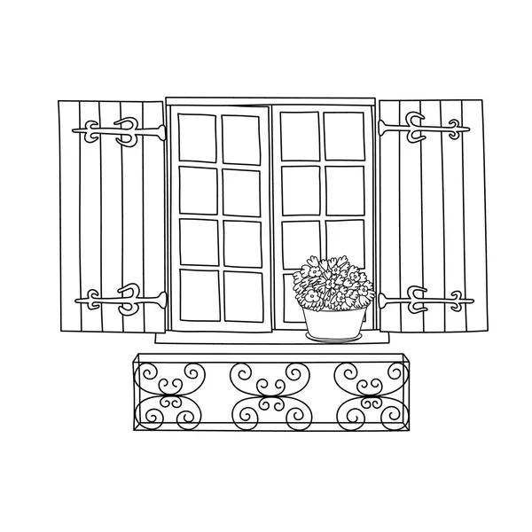 Vintage ventana con flores en flor en maceta — Vector de stock