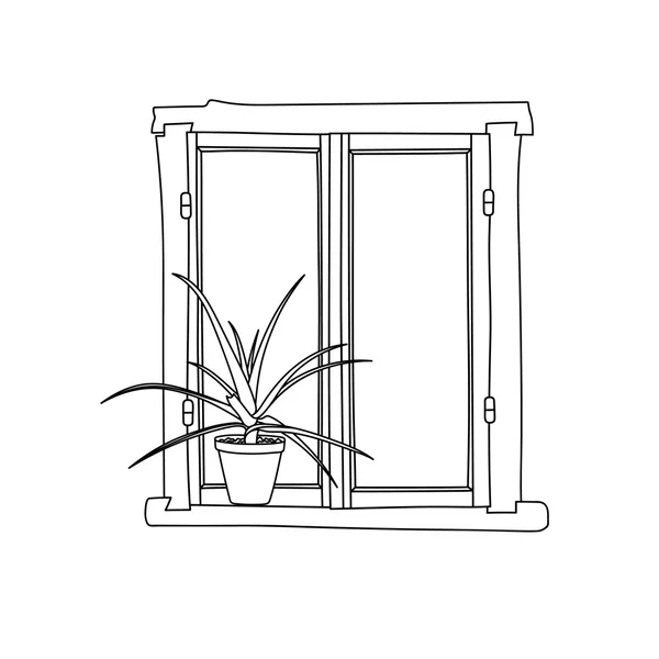 Vintage ventana con flores en flor en maceta — Archivo Imágenes Vectoriales