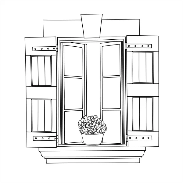 Vintage fönster med blommande blommor i kruka — Stock vektor