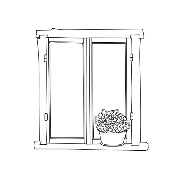 Vintage ventana con flores en flor en maceta — Vector de stock