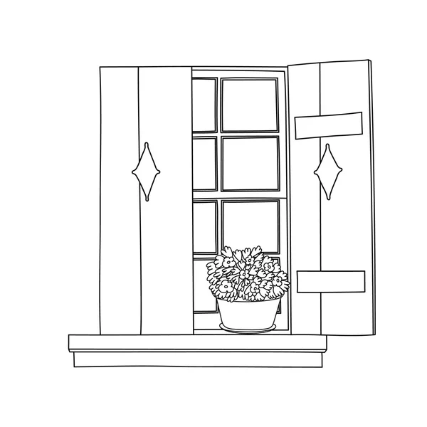 Vintage-Fenster mit blühenden Blumen im Topf — Stockvektor