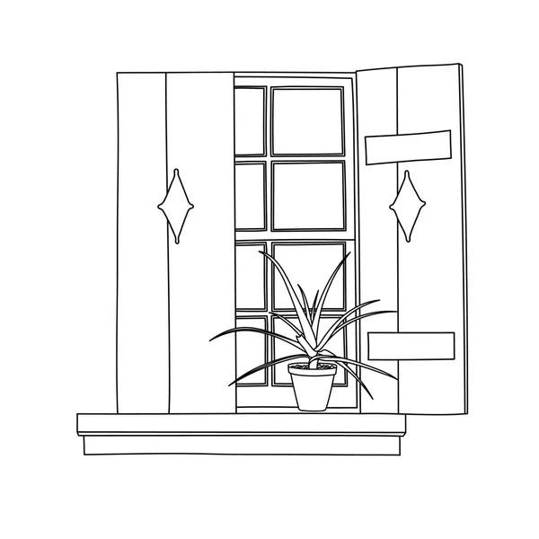 Vintage-Fenster mit blühenden Blumen im Topf — Stockvektor