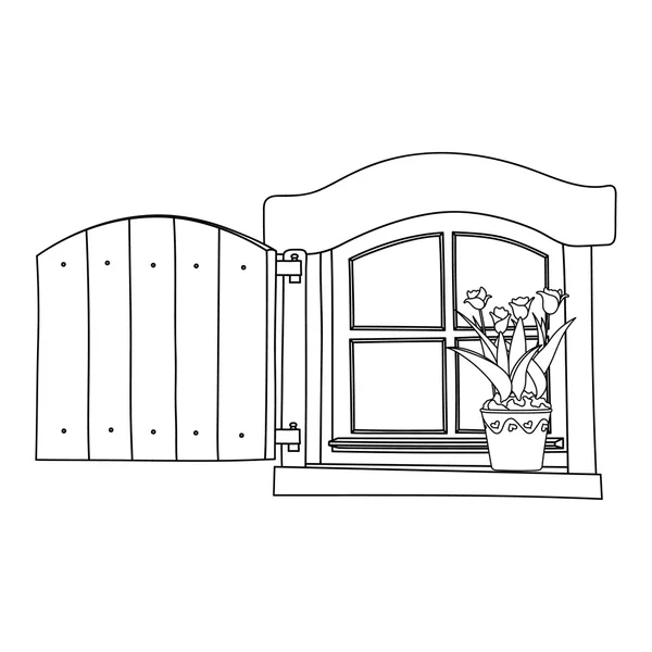 Vintage ventana con flores en flor en maceta — Vector de stock