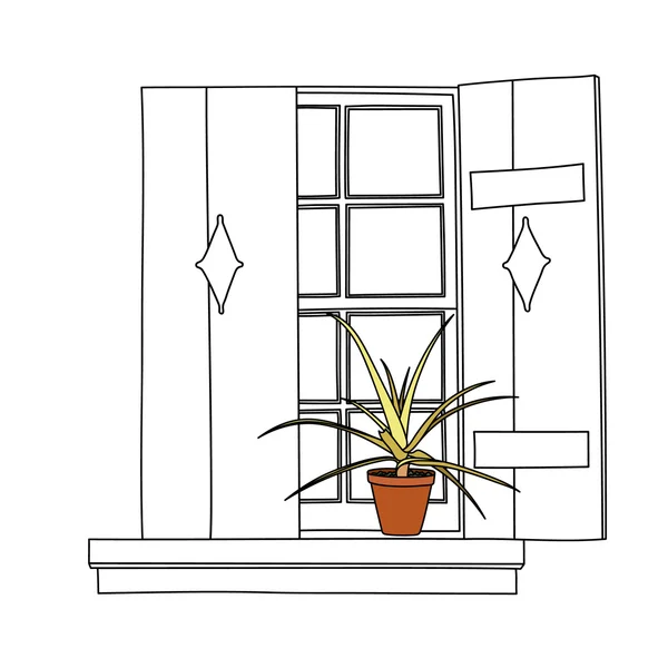 Vintage-Fenster mit blühenden Blumen im Topf — Stockvektor