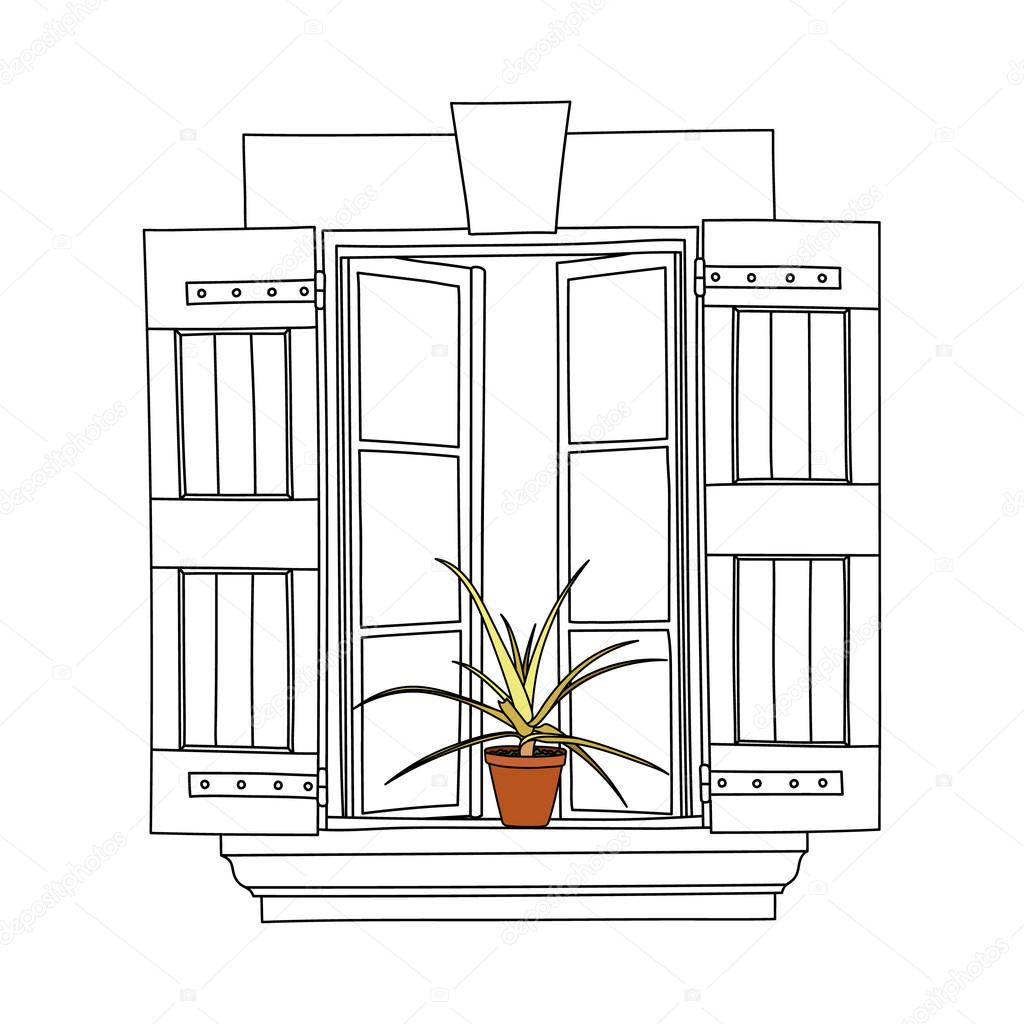 Vintage window with blooming flowers in pot