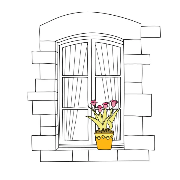 Ventana vintage con flores en la maceta — Vector de stock