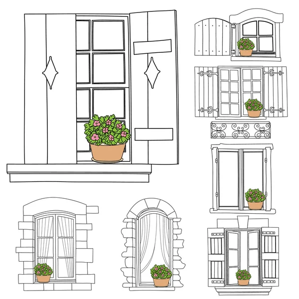 Vintage windows instellen met bloemen in de pot — Stockvector