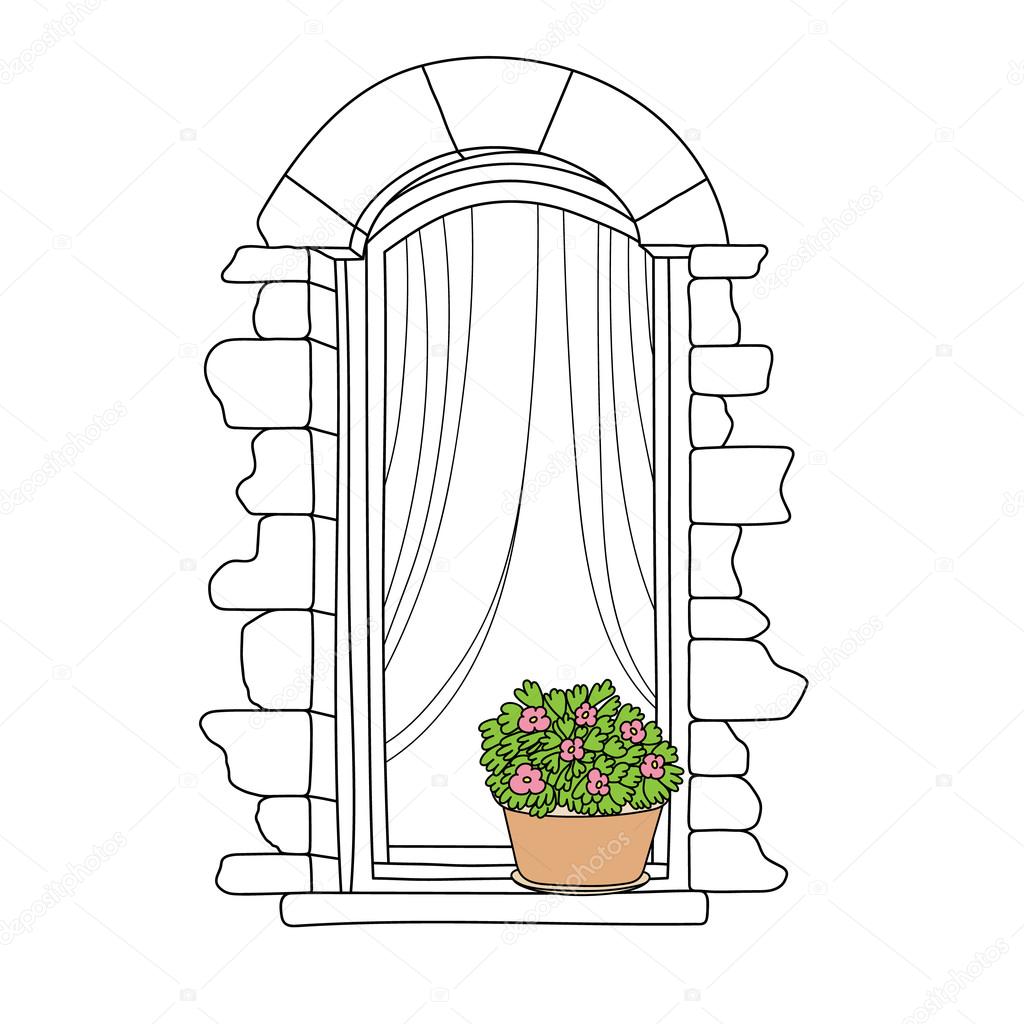 Vintage window with flowers in the pot