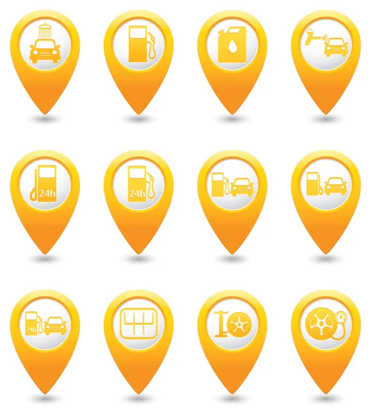 Pointeurs de carte avec service de voiture et des icônes de station-service — Image vectorielle