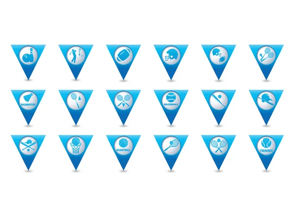 Ícones de tênis, beisebol, futebol americano definidos em ponteiros de mapa triangular azul — Vetor de Stock