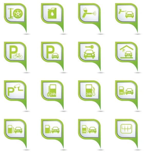 Stacja benzynowa i samochód serwis ikon na Zielona mapa wskaźniki — Wektor stockowy