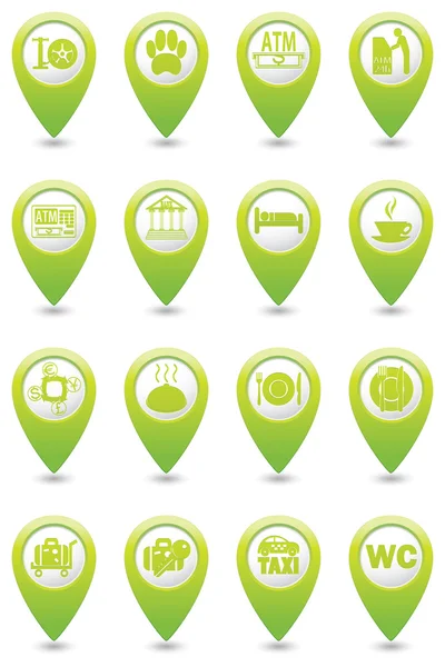 Zestaw ikon usługi na wskaźniki zielone mapę — Wektor stockowy