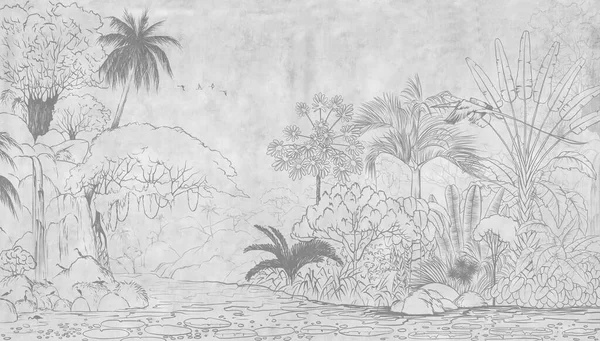 Tropical nature landscape, jungle with exotic tropical plants, flowers and leaves. Drawn jungle illustration. Design  for card, postcard, wallpaper, photo wallpaper, mural.