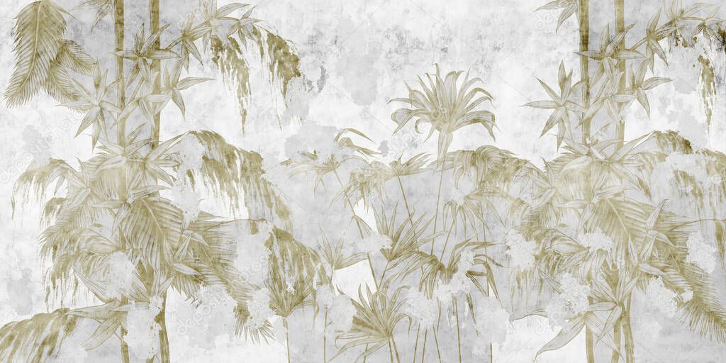 Graphic exotic plants on the concrete grunge wall. Designed for photo wallpaper, wallpaper, mural design in the loft, classic, modern style. Tropical brunches. Exotic flowers.