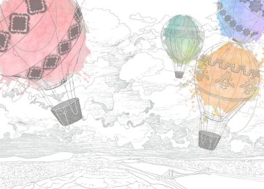 Grafik renkli hava balonları grunge bir duvara boyanmış. Beyaz arka plan. Duvar kağıdı, duvar resmi, kart, kartpostal, duvar kağıdı tasarımı.