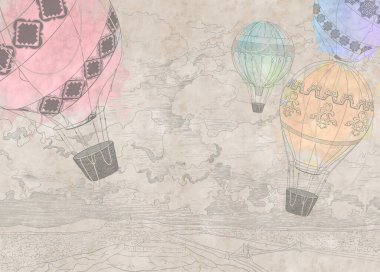 Grafiksel hava balonları grunge bir duvara boyanmış. Açık bej arka plan. Duvar kağıdı, duvar resmi, kart, kartpostal, duvar kağıdı tasarımı.