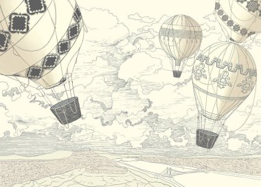 Grafiksel hava balonları grunge bir duvara boyanmış. Hafif arkaplan. Duvar kağıdı, duvar resmi, kart, kartpostal, duvar kağıdı tasarımı.