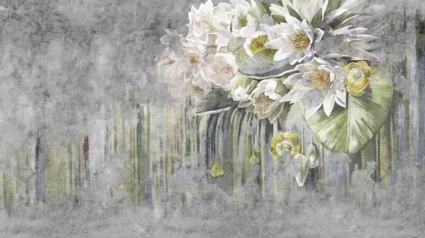 Water Lilies Nenuphars Oil Painted Flowers Painted Concrete Grunge Wall — Stock Photo, Image