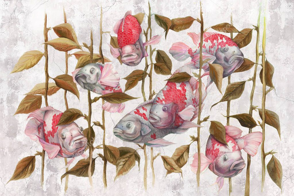 Watercolour fish on grey concrete grunge wall. Great choice for wallpaper, photo wallpaper, mural, card, postcard. Design for modern and loft interiors.